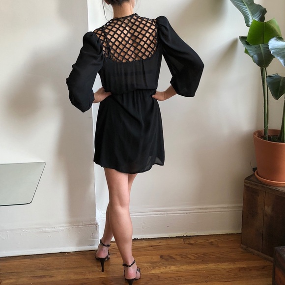 Vintage Black Sheer V-neck Mini Dress w/ Caged Style Lattice Open Back - Small - Picture 2 of 13